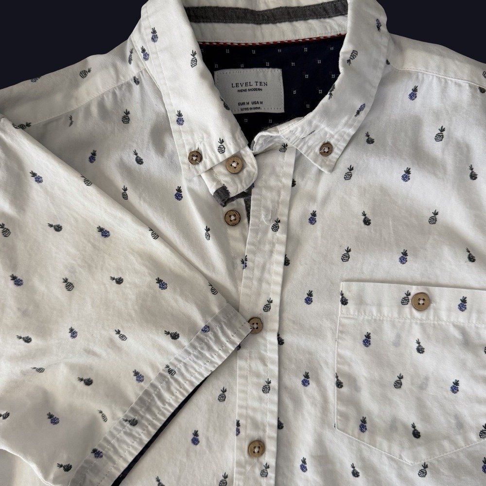 Level Ten Mens Modern‎ Button Up M• AOP Pineapples Preppy Hipster Coastal Casual